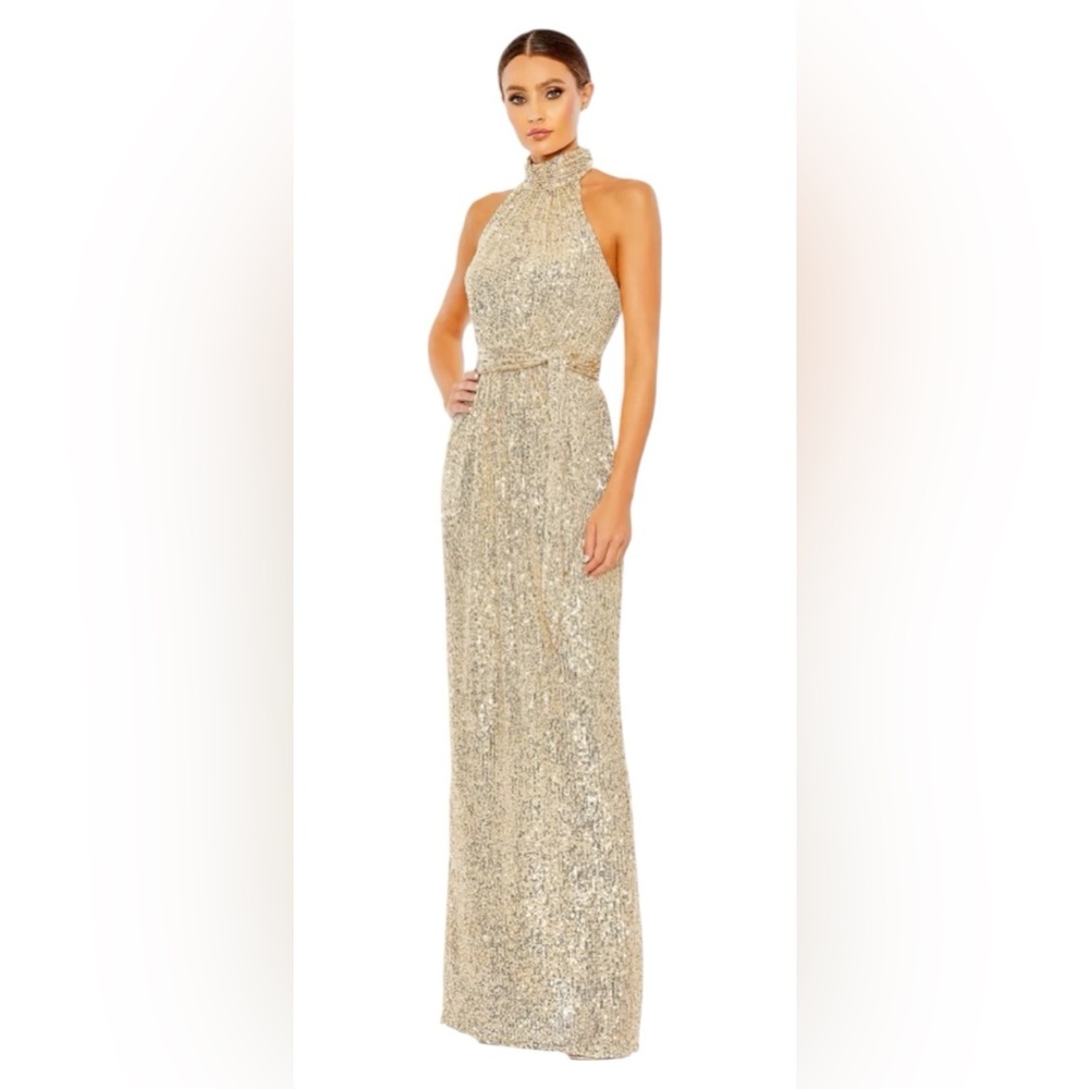 Ieena for Mac Duggal Gold Champagne Sequin Halter Neck Column Gown- NWT